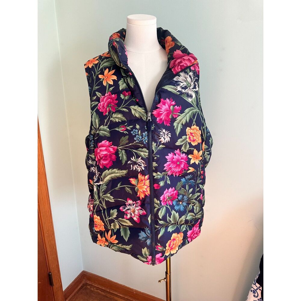 Lands' End Navy Floral Down Puffer Vest Quilted Full Zip Outerwear - Women's 1X